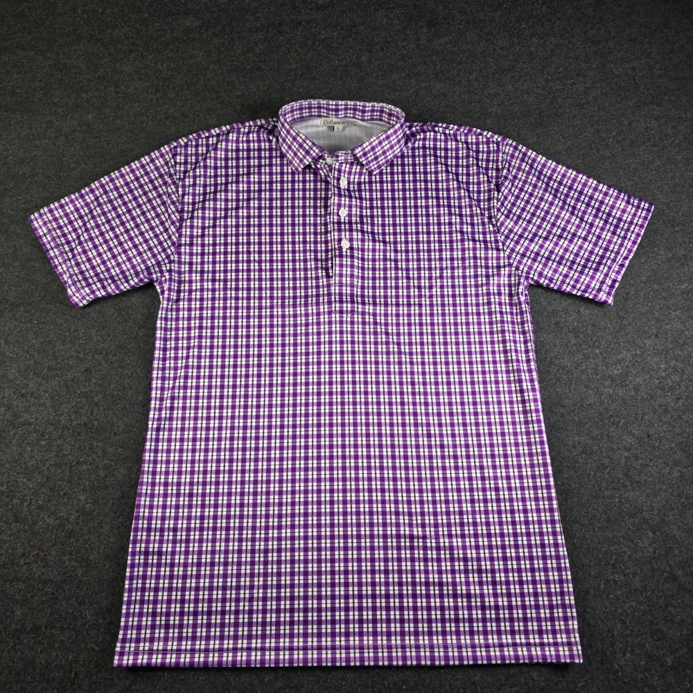 Collars & Co Dress Collar Polo Shirt Purple White Gingham Check Stretch Men's L